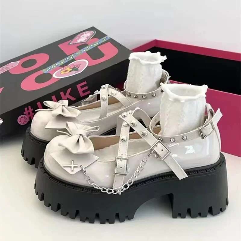 2025 Summer New Women's Shoes Ankle Strap Women's Designer Fashion High Heels Leather Bow Gothic Thick Heel