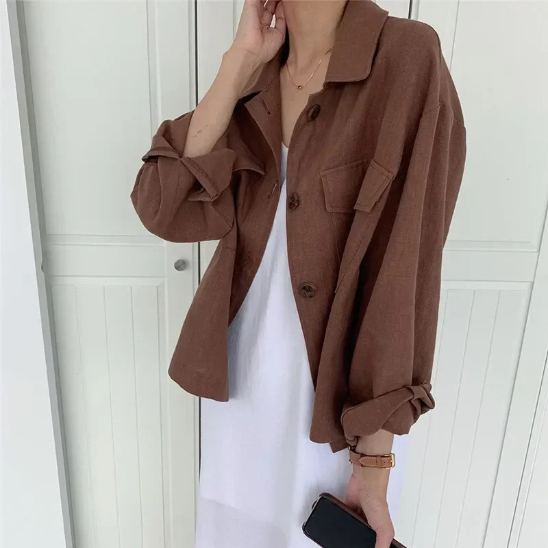 REALEFT Retro Cotton Linen Womens Cargo Jacket Pocket Spring and Autumn Solid Long Sleeve Casual Coat 250321