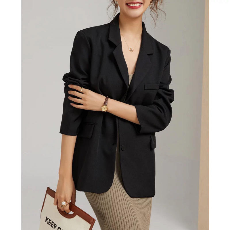 M330Elegant Black Female Blazer - Versatile Midi-Length Suit Top for School Season Wear