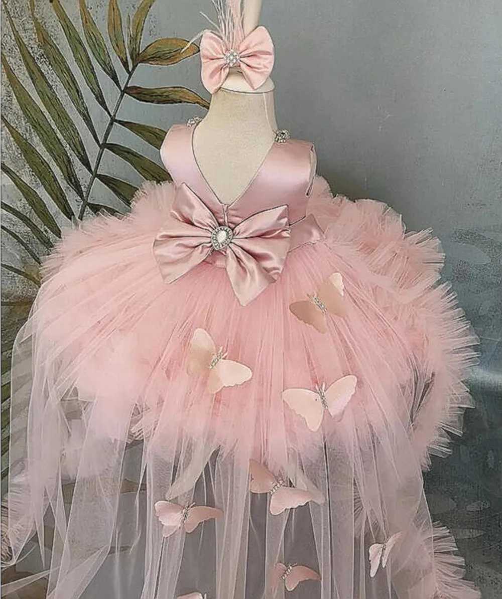 Fluffy girl pink baby dress with train flower girl dress bow cute childrens birthday dress Frist exchange W250326