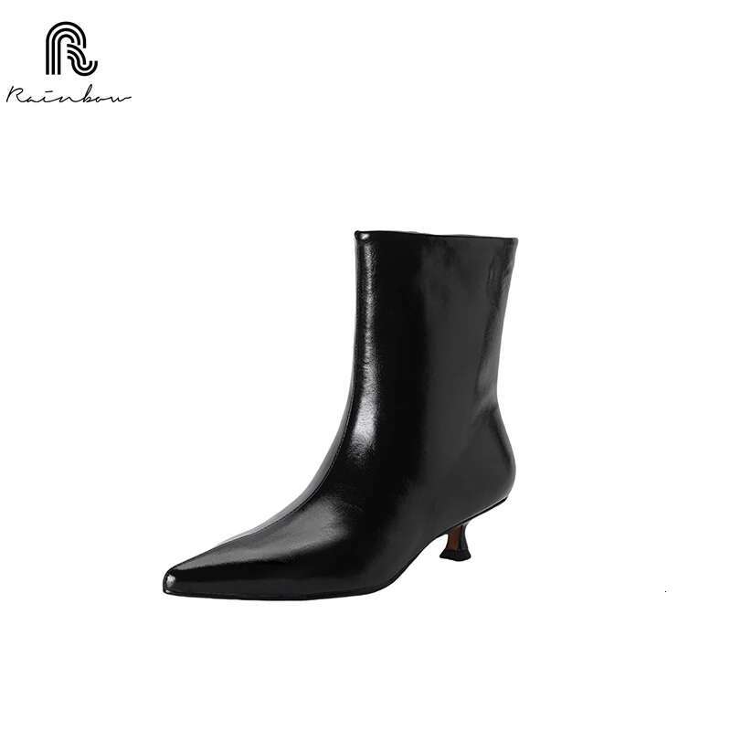RAINBOW 34-39 Women Ankle Boots Real Leather Kitten Mid Heels Shoes 2025 Winter Ins Fashion Pointy Office Lady Daily Dress