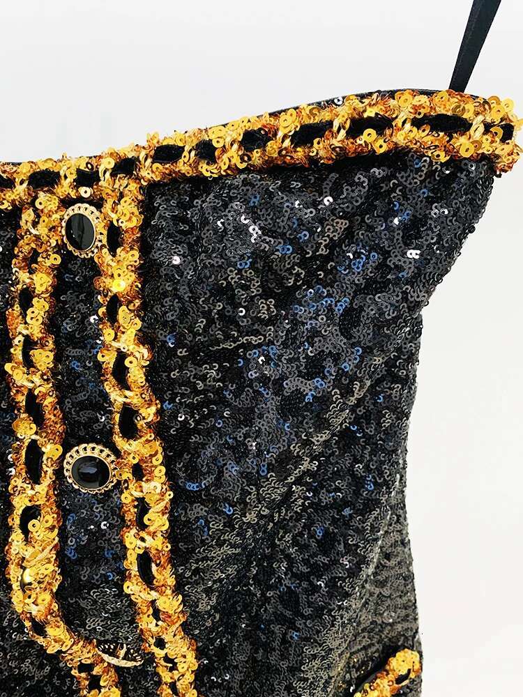 HIGH STREET Newest 2024 Designer Runway Fashion Women's Gold Chains Sequined Strapless Sheath Tube Dress