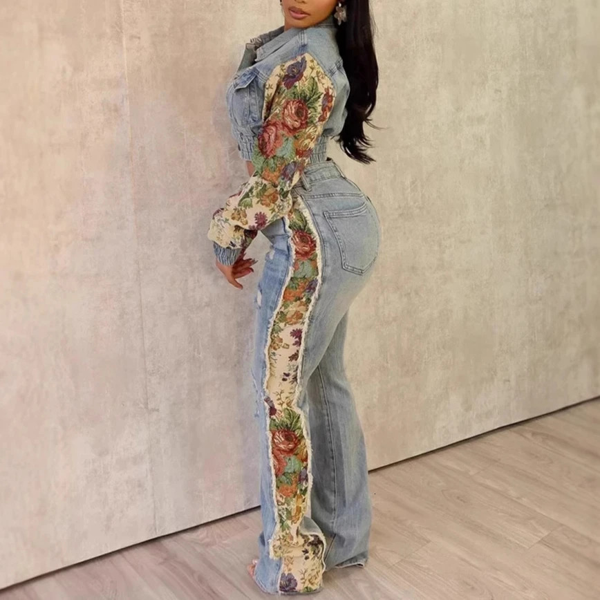 Denim Two Piece Sets Women Jeans Pant Set Coats Elegant Matching Sets Coat Top Long Pants Jackets Streetwear Y2k Party Club 250325