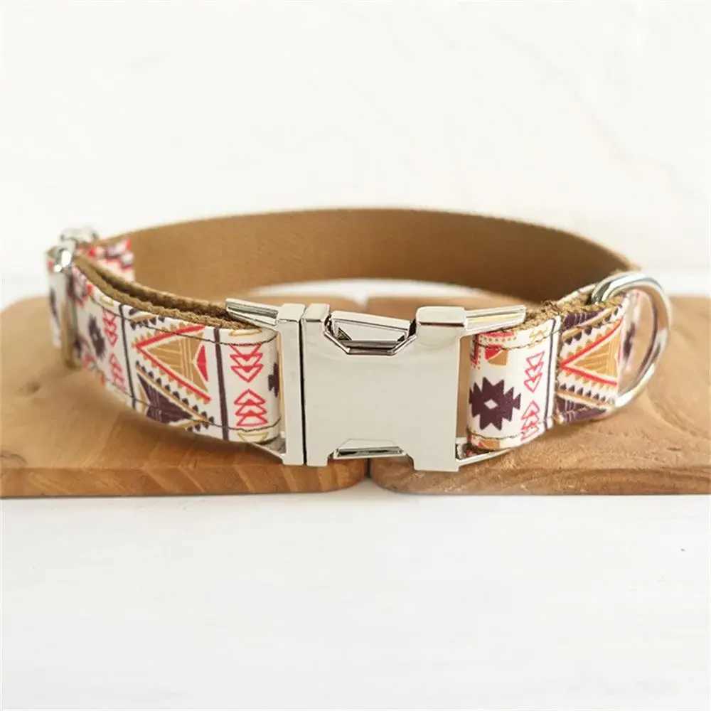 Personalized pet collar customized name ID tag adjustable brown ethnic set regular cat and dog collar lead strap X250326