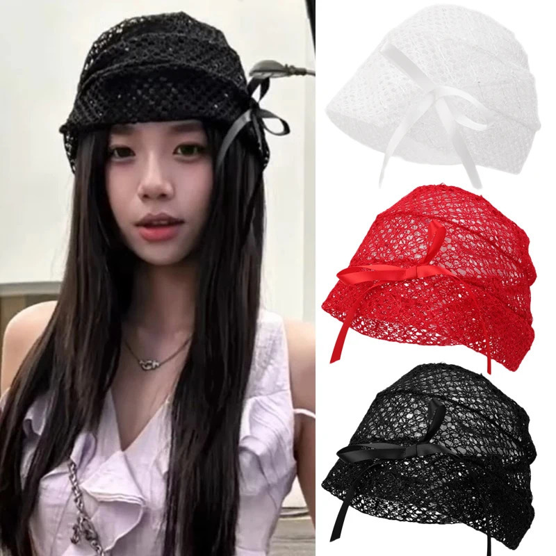 Y2K Black Lace Bow Beanies Caps Solid Hollow Knitted Hat Korean Girls Lace Beret Cap Fashion Breathable Skullies Turban Caps 250321