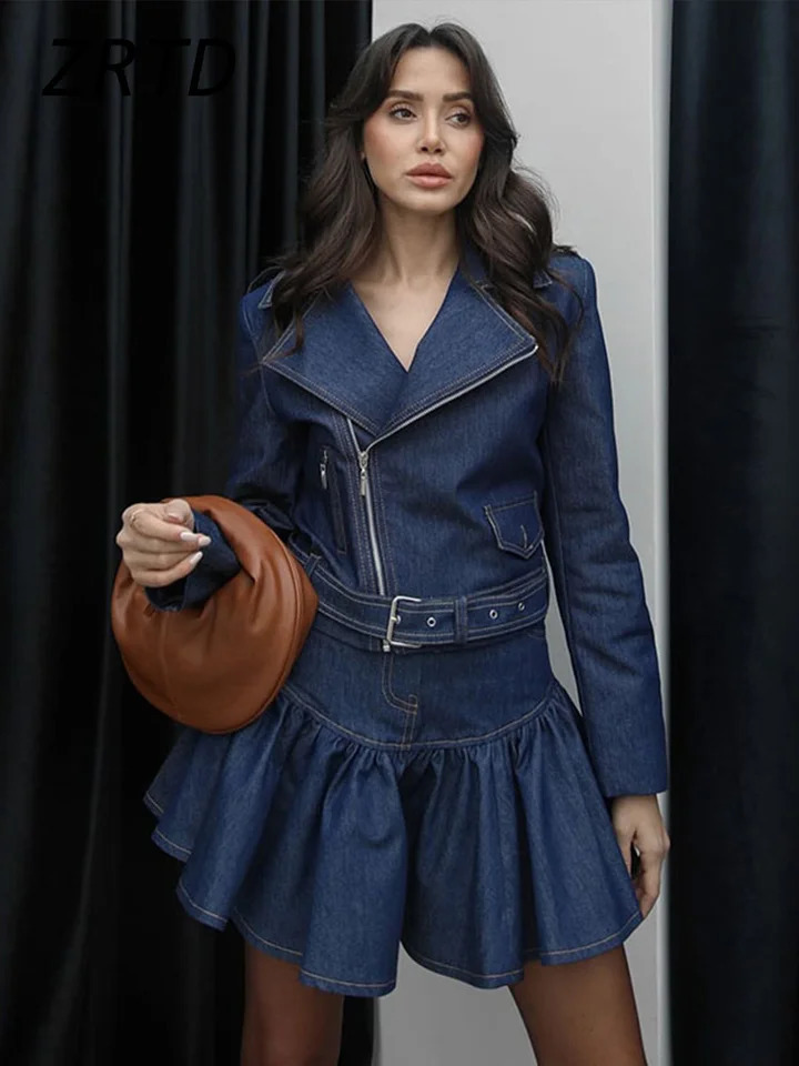 Elegant belt denim jacket ski set crop collar wash jacket pleated mini A-line skiing spring/summer womens streetwear 250321