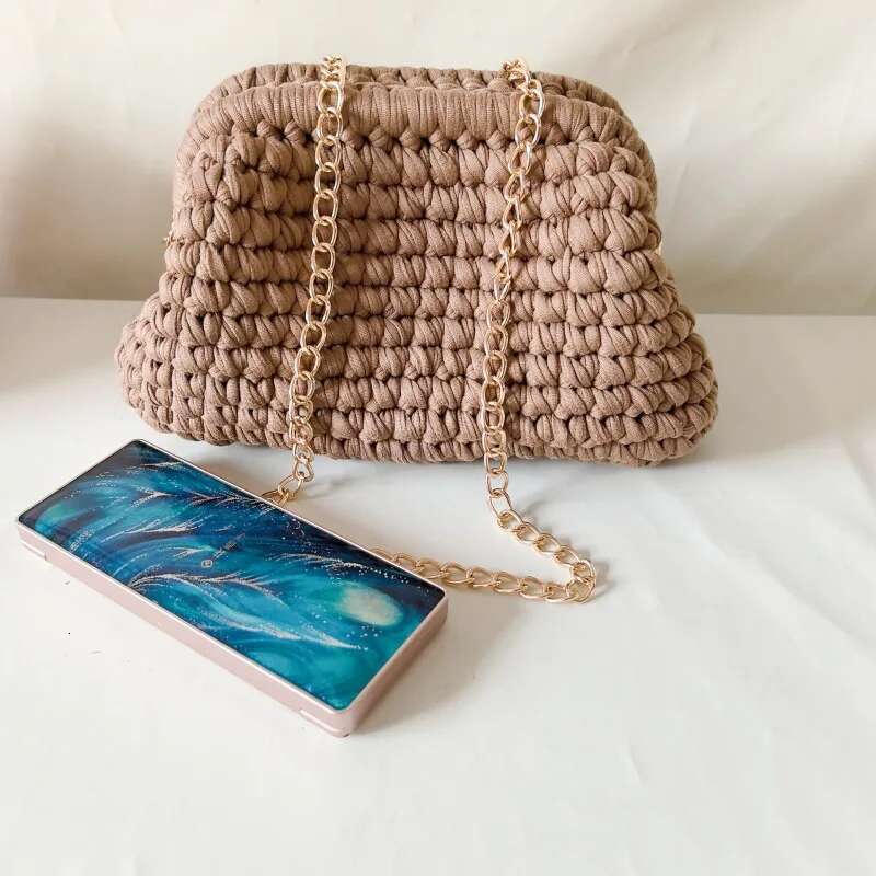 2024 Lady Shoulder Handmade Crochet Woven Bag Fabric Strip Designer Handbag Purses For Women Tote Bags