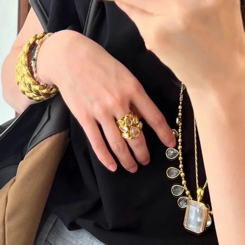 Transparent Natural Stone Crystal Ring Geometric Metal Rings Brass for Women Jewelry Light Europe America Party Gifts 250322