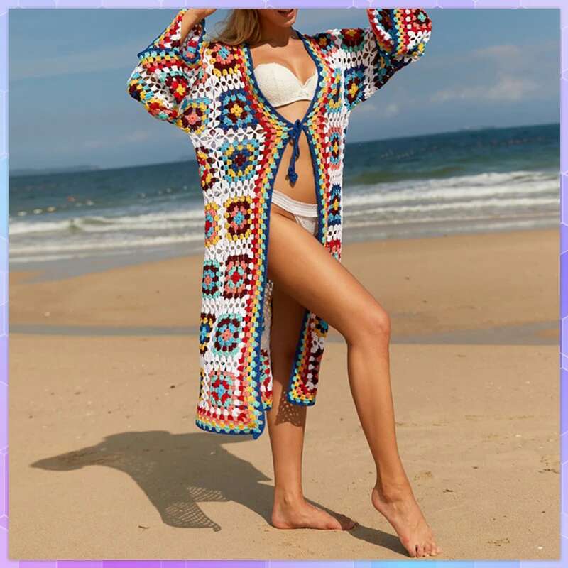 Summer Crochet Bikini Swimwear Cover-Ups Elegant Boho Kimono Dress Tunic Woman Clothes Beach Wear Swim Suit Cover Up Robe