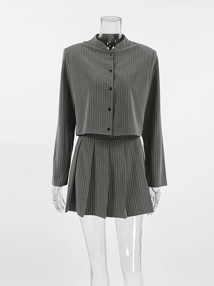 Striped Short Jackets Skirts Set Women Casual Long Sleeve Suit Coat Mini Skirt Sets Female Elegant Chic Gray Outfits Streetwear 250321