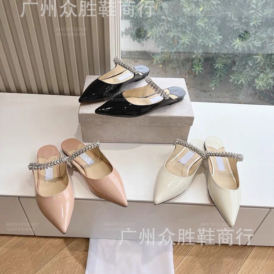 High version JC rhinestone flat sandals for women, pointed toe, half drag, patent leather, thin heel, straight strap, high heels, toe caps, single sho