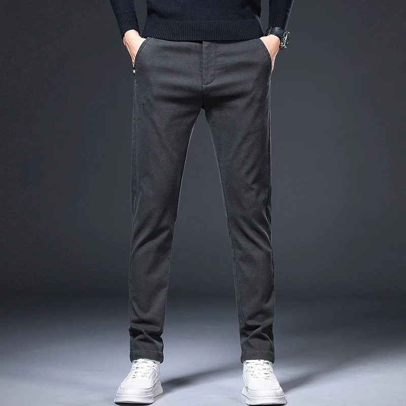 Spring and autumn mens casual pants commercial ultrathin elastic fashion straight leg waist pocket black gray khaki color 250326