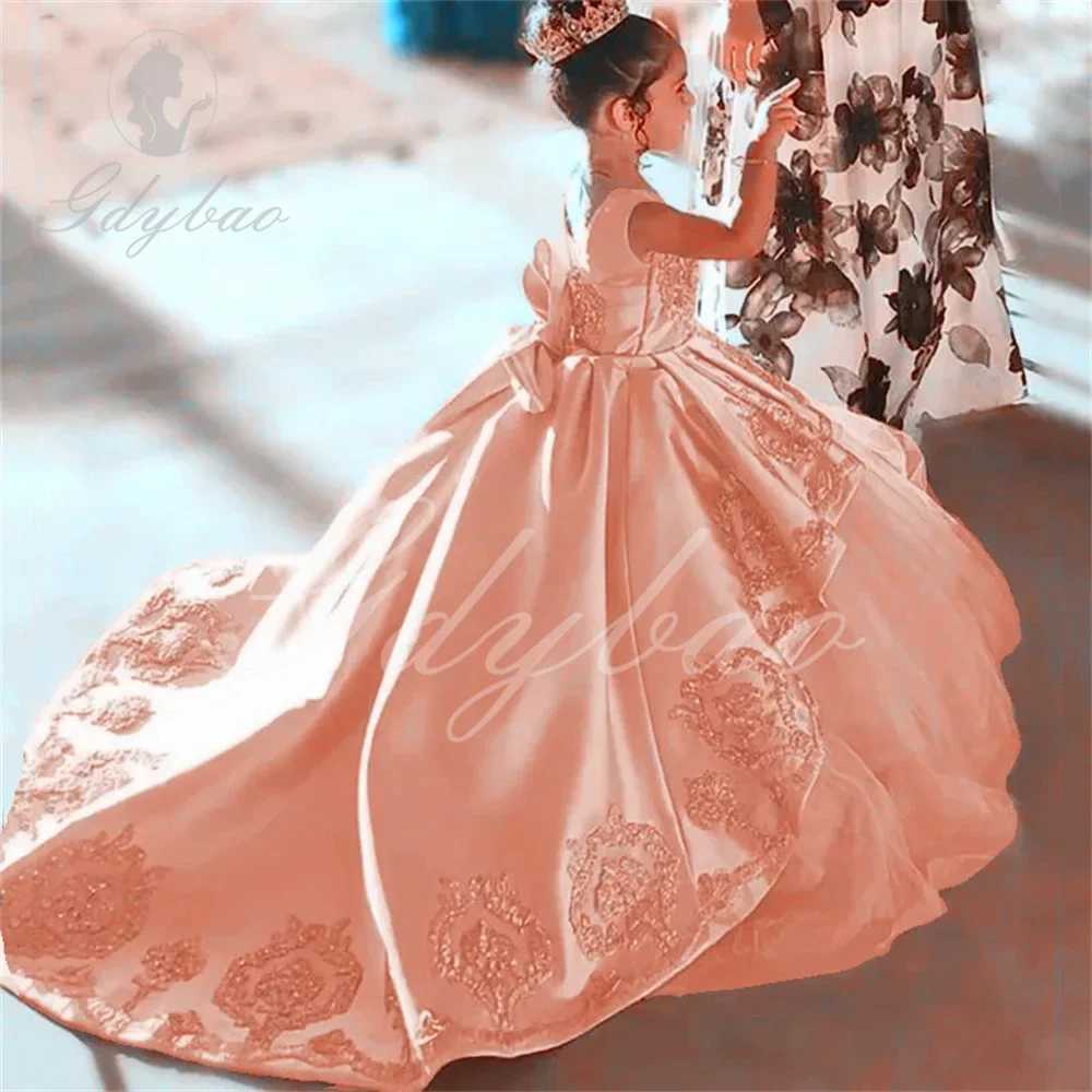 Flower girl dress childrens dress with beads girls long dress birthday dress lace back satin dress formal dress W250326