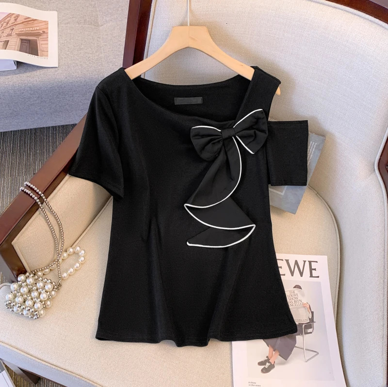 Summer Korean Style T-Shirt Women Chic Sexy Hollow Out Skew Collar Color Blocking Big Bow Tops Plus Size Short Sleeve Tees 250321