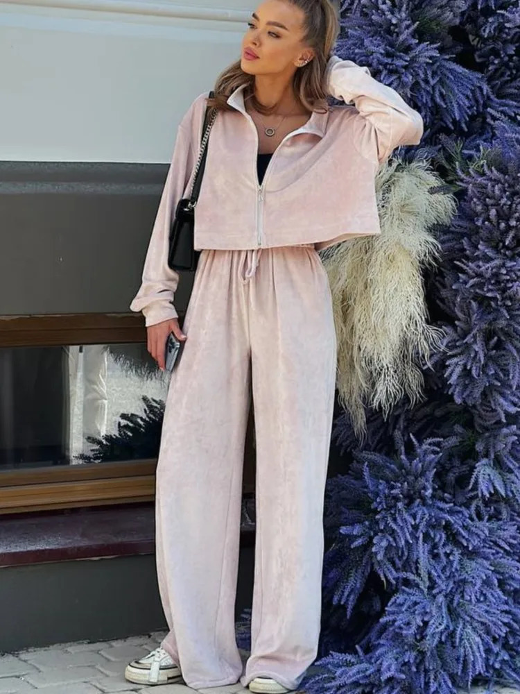 Autumn/Winter Solid Velvet Two Piece Womens Zipper Long Sleeve Sweatshirt Top Wide Leg Pants Casual Set 250321