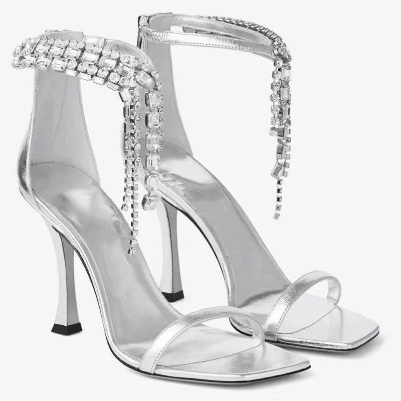 JC's same style square high-heeled shoes with a straight strap, 2025 summer new silver crystal chain open toe sandals, women's thick heel