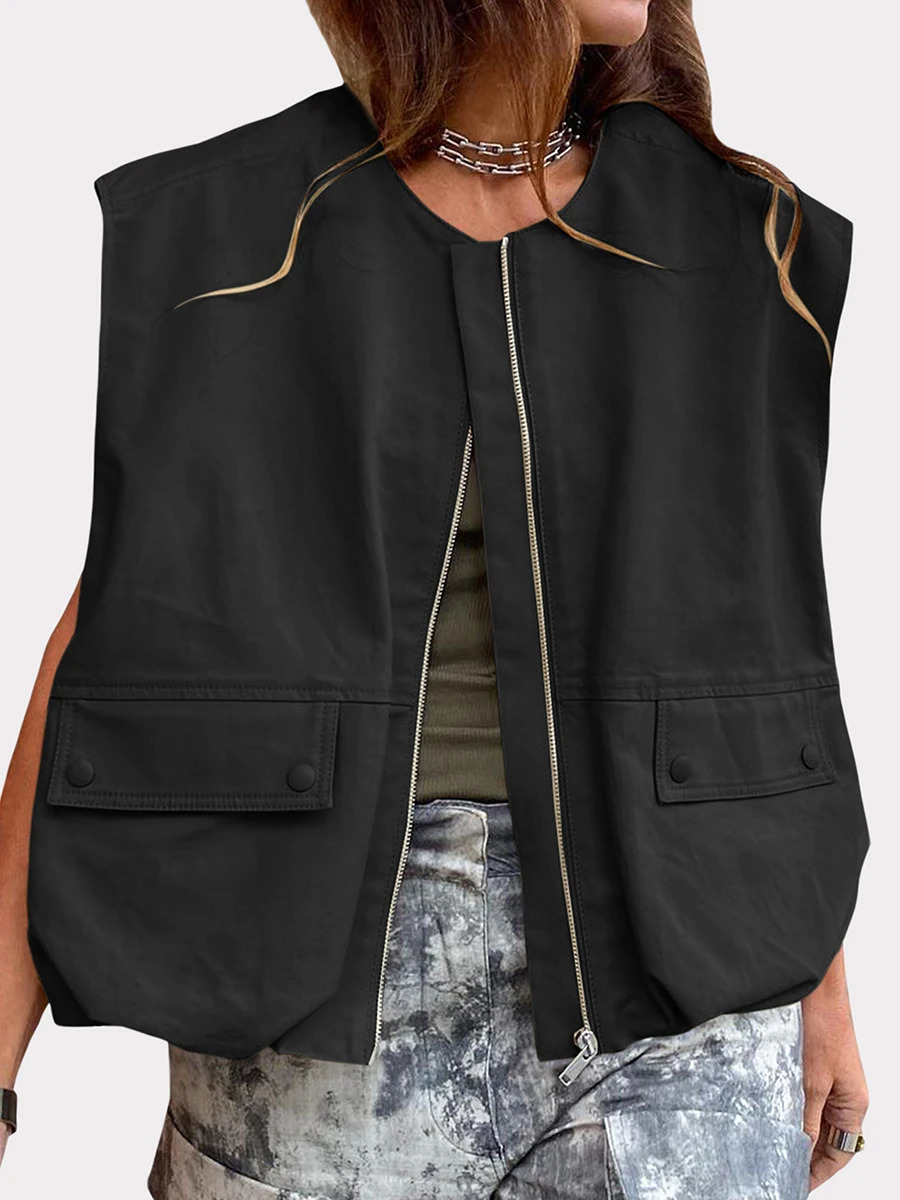Womens Zip Up Vest Fashionable Jacket Sleeveless Solid Color Oversized Jacket Tops Loose Fit Summer Tops 250320
