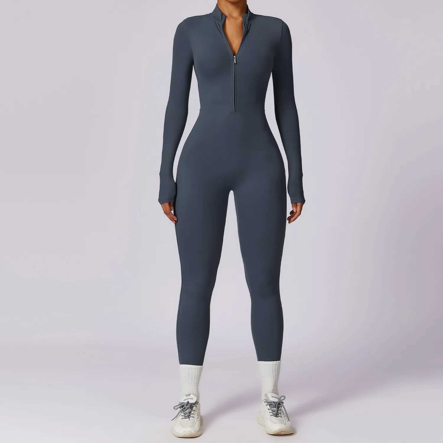 Gym zipper jumpsuit yoga boiler suit long sleeved womens sportswear high-strength fitness one-piece bodysuit W250326