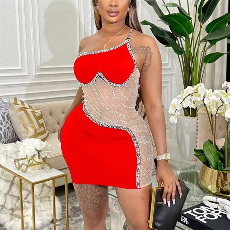 Fashion Diamante Decoration Single Strap Slant Neck Dresses Women Elegant Gala Party Dress Y Wrap Hip Short Gown