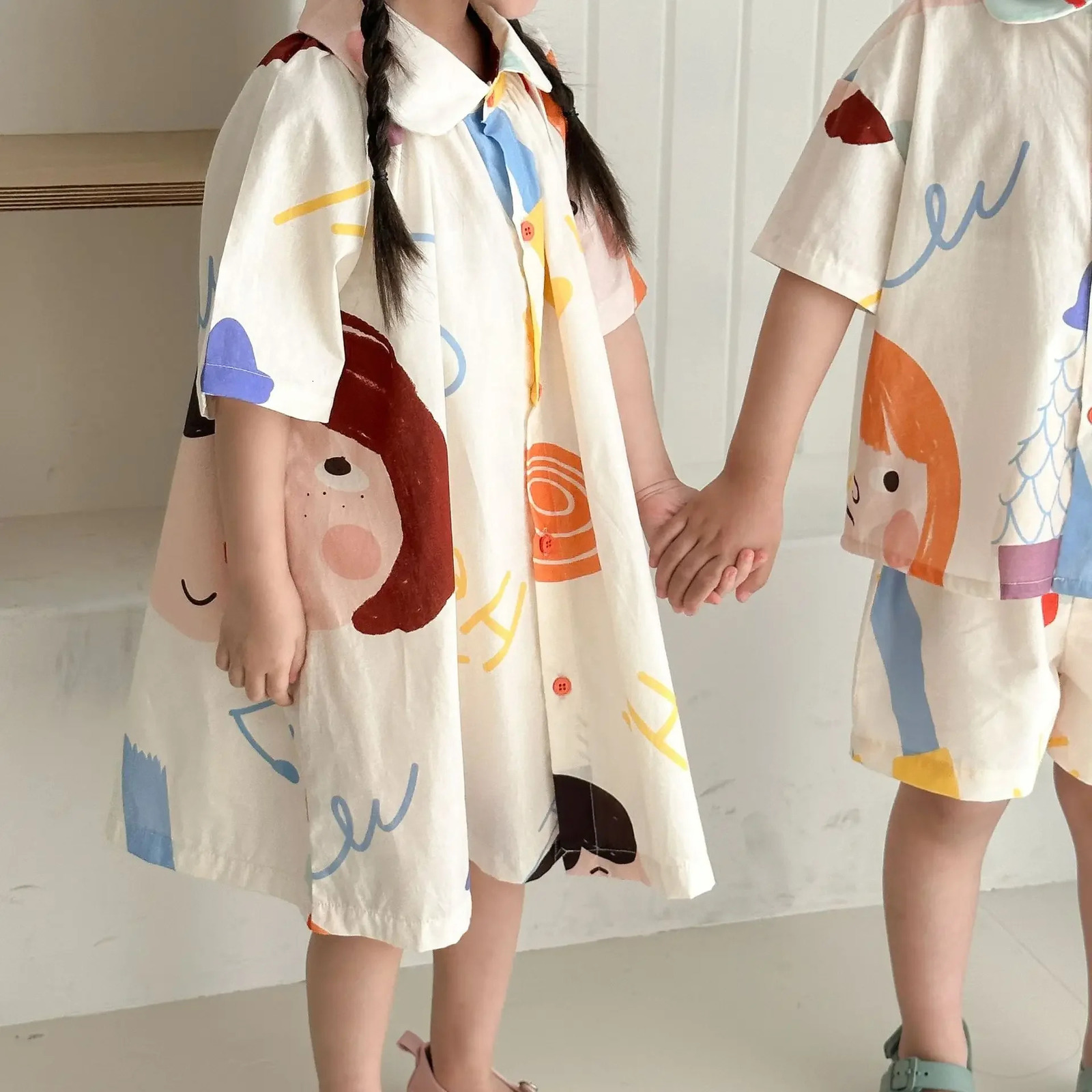 Kids Set Brother And Sister Clothes 2025 Summer Boys Two Piece Suit Or Short Sleeve Girls Graffiti Dress Cartoon Clothes 250326