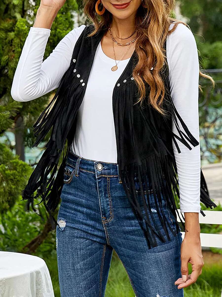 Vintage Women Tassel Vest 70S Hippie Faux Suede Rivets Sleeveless Fringe Jacket Waistcoat Streetwear S-Xxxl