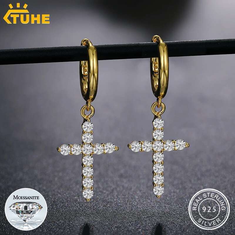 Religion Women Moissanite Cross Earrings 925 Sterling Silver Hip Hop Jewelry