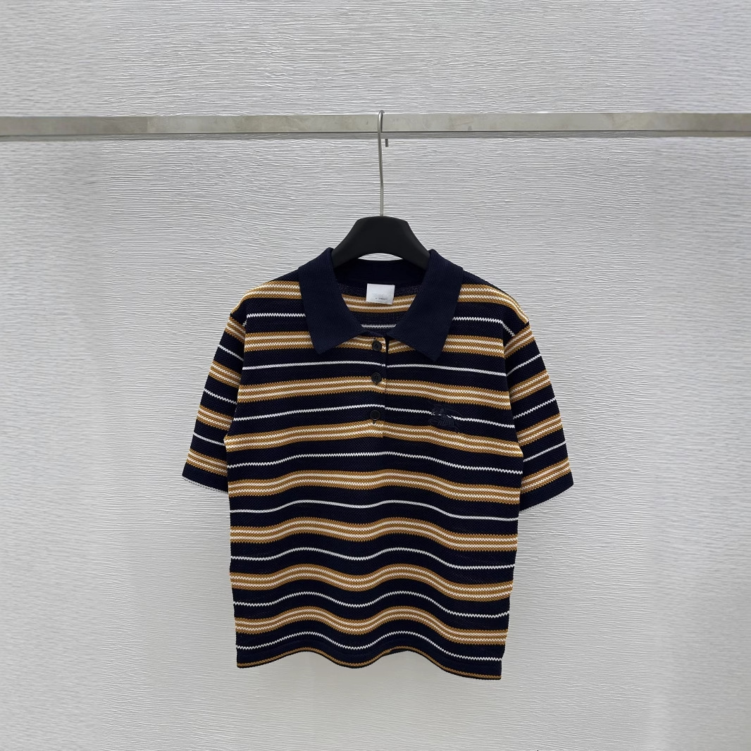 Shenzhen Nanyou Goods~High version BU Home 25 early spring new item, lapel contrasting color striped knitted short sleeved