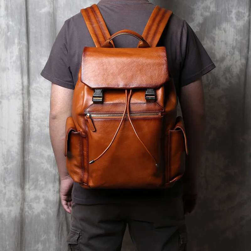 Solid Color High-Capacity Tree Cream Genuine Leather Backpack With Simple Drawstring Top Layer Cowhide 15 Inch Computer Bag