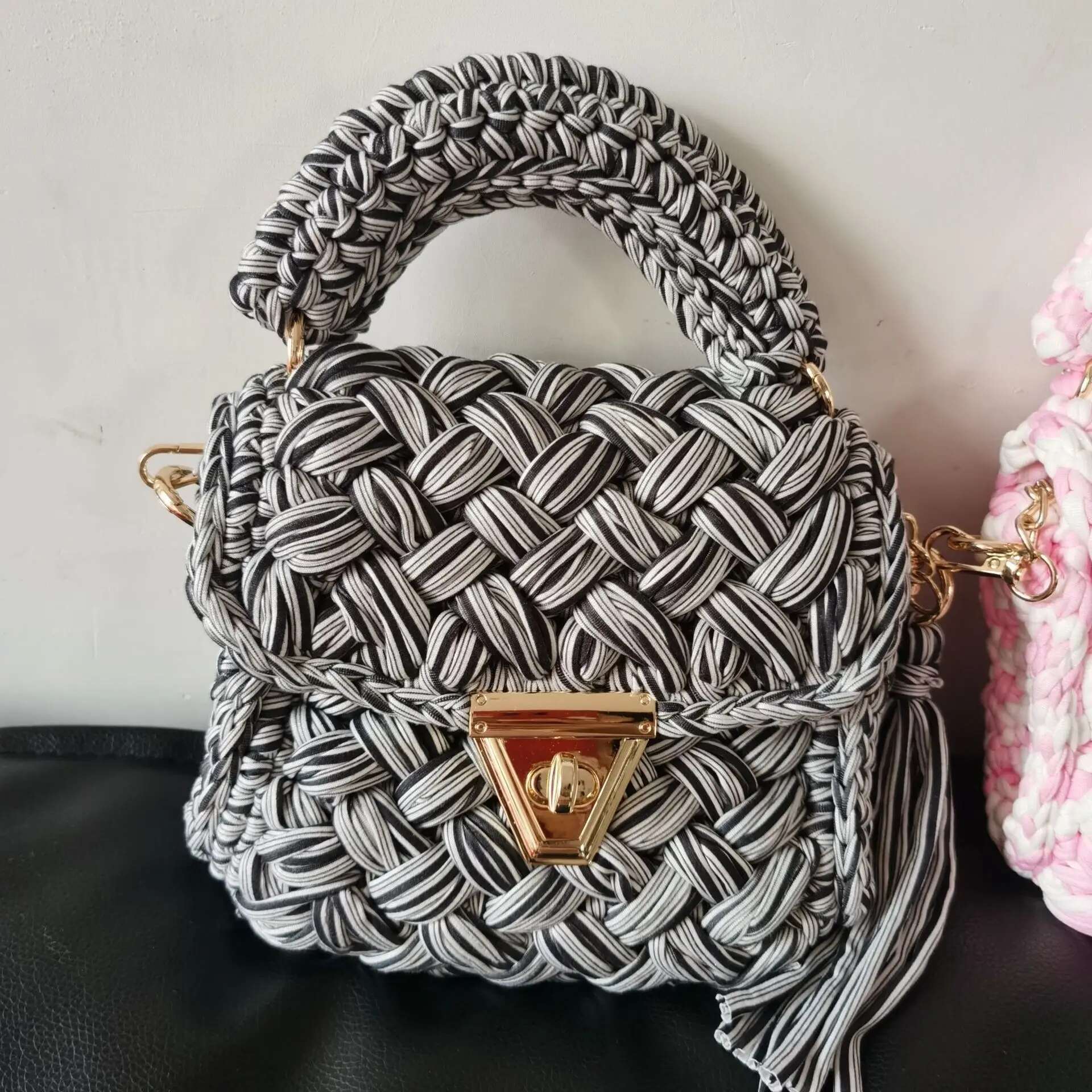 Women's BAG Beige Solid Color Cloth Strip Woven Bag Square Tassel Shoulder Diagonal Crossbags For Women Designer Handbag