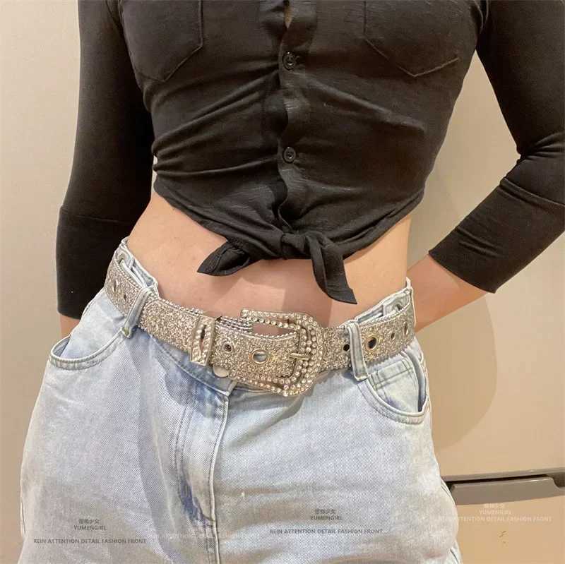 Y2K Womens Fashion Solid Printed Stud Full Water Diamond Belt with PU Leather Sparkling Crystal Adjustable Sparkling Belt Suitable for Club Parties W2