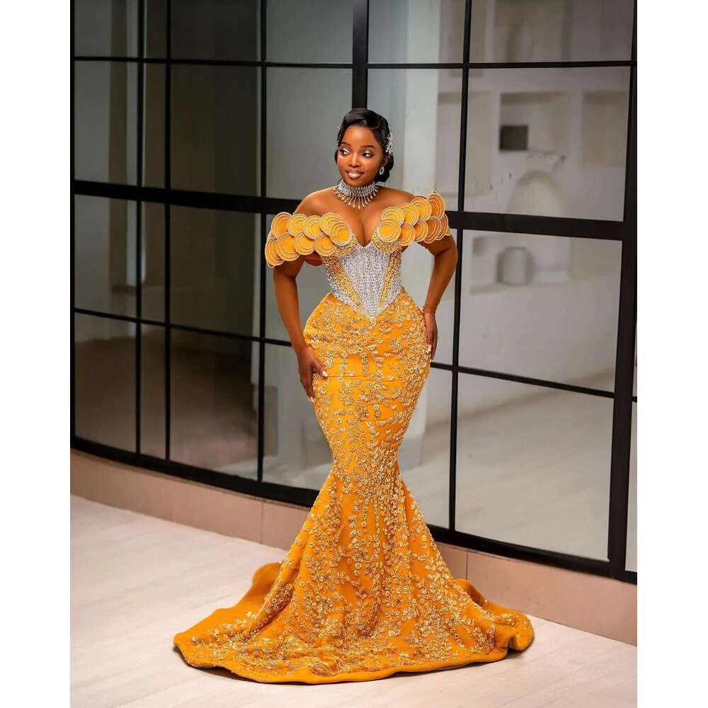 2024 Aso Ebi African Yellow Mermaid Prom Dresses Lace Rhies rals Evening Party Second Engagement Birthday Gowns Dress