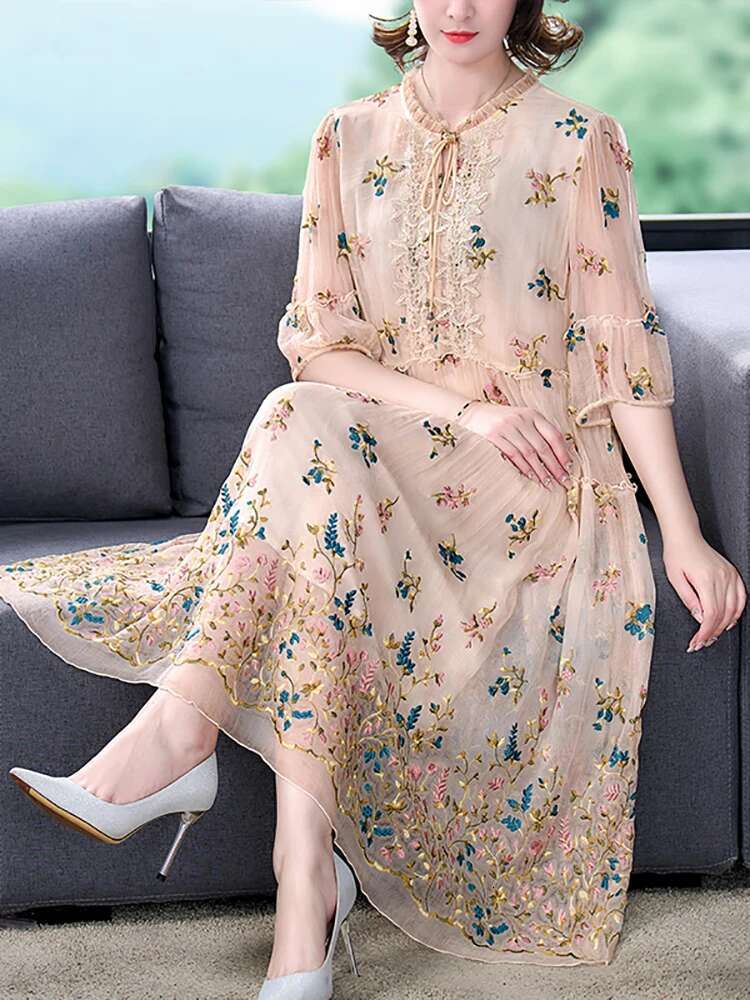 Summer New Silk Embroidery ral Loose Women Elegant Chic Ruffled Collar Casual Home Dress 2024 Vintage Party Robe