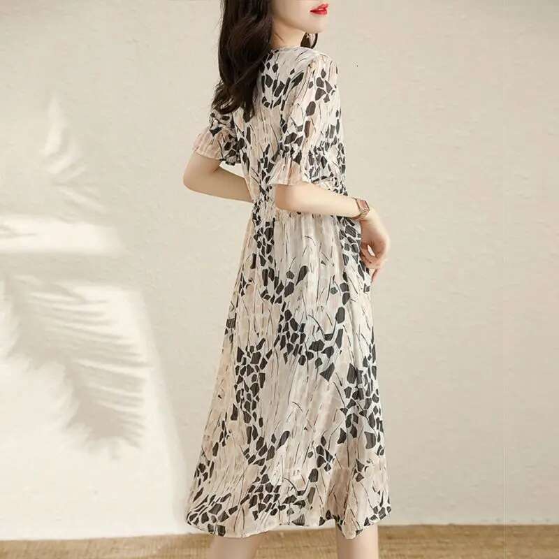 Elegant V-Neck Printed Folds Ruffles Flare Sleeve Party Women's Clothing 2024 Summer New Loose Office Lady ral Dress