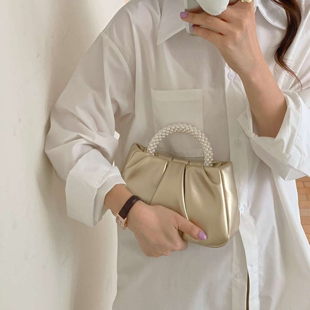 French pleated 2025 high-end feeling fairy like pearl small handbag gentle wind crossbody cloud bag for women