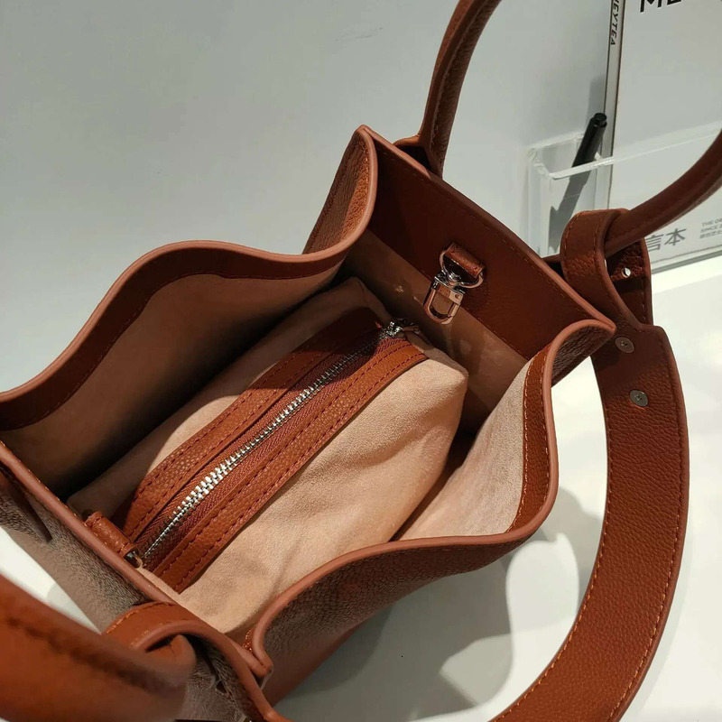 Leisure Thick Cow Leather Bucket Shopper Tote Trapeze Brand Designer Women Handbag Quality A+ Ladies Shoulder Bag Blue