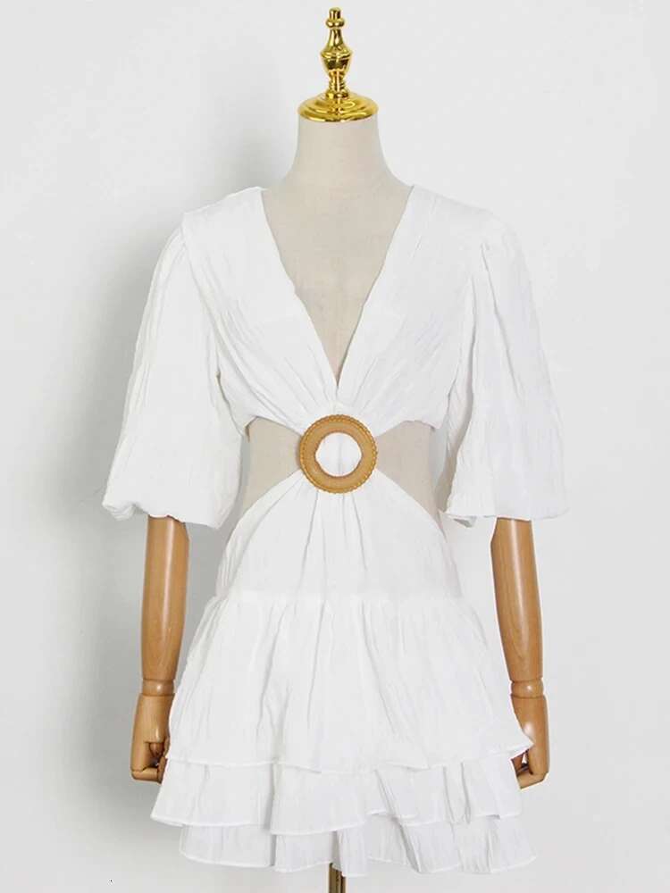 VGH Elegant Solid Hollow Out Mini Dress For Women V Neck Lantern Sleeve Patchwork Ruffled A e Dresses Female New Style