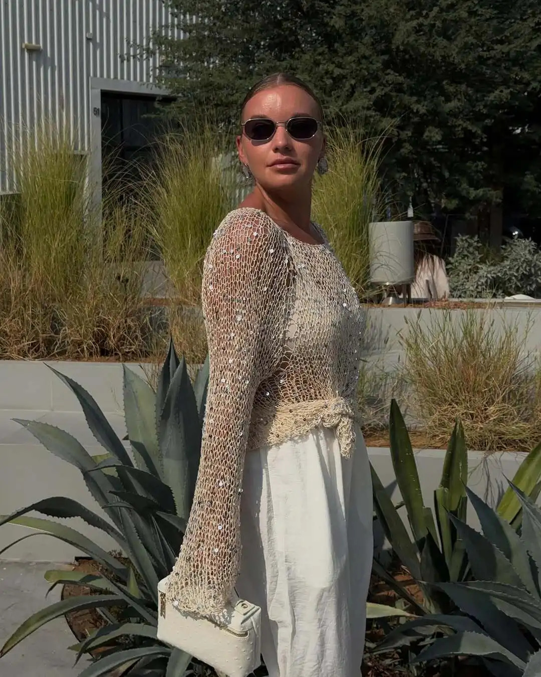 ZAROY 2025 Spring Women Sequins Knit Hollow Out Pullovers Casual Loose Long Sleeve O Neck Shinny Crochet Cover-up Blouses 250325