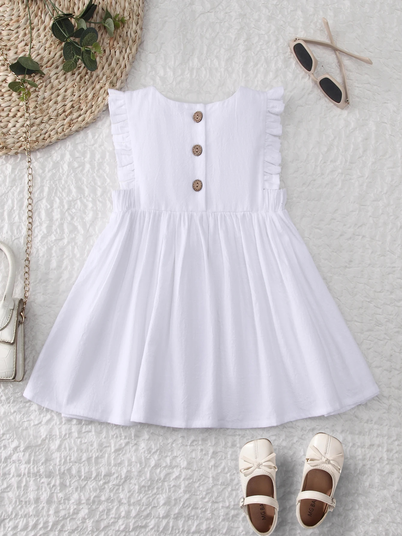 Summer Baby Girls Cute Dress Toddler Kids Cotton Linen Ruffle Sleeve Dress White 250326