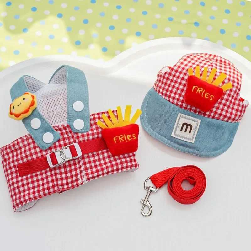 1 set of Fries Pet Harness drawstring Pet steel wire rope cute hat three piece puppy costume outdoor drawstring X250326