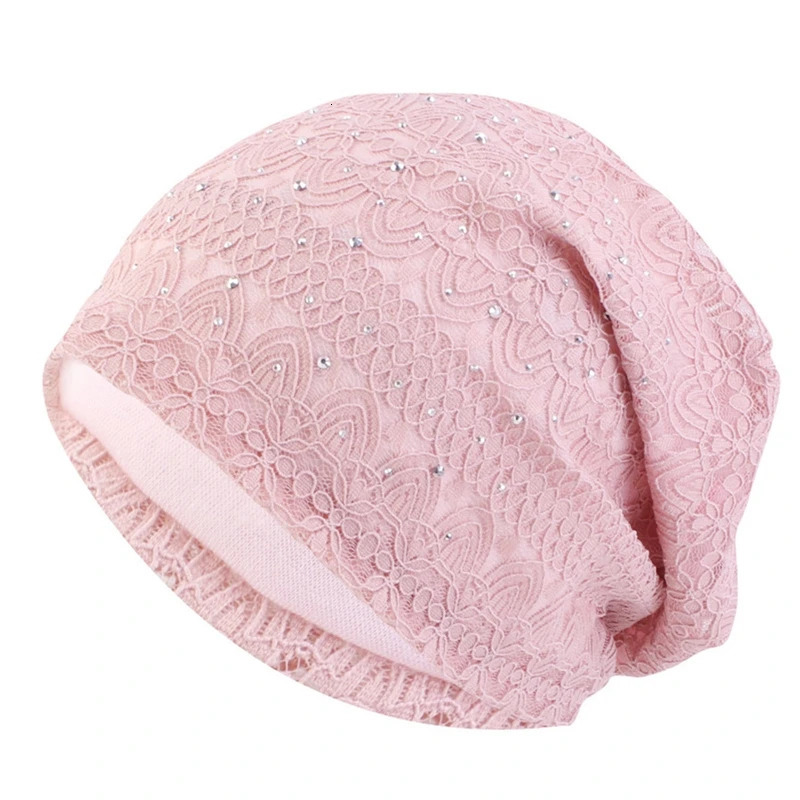 Crystal Lace Beanies Hat Women Slouchy Knit Hats Flower Headscarf Cap Ladies Comfortable Fashion Skullies Turban Hair Cover 250321