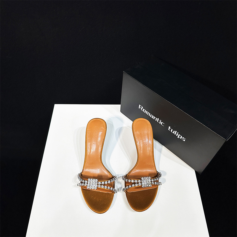 25 new style French elegant sparkling diamond pointed open toe high-heeled shoes with crossed straight stripes and cool slippers made of silk
