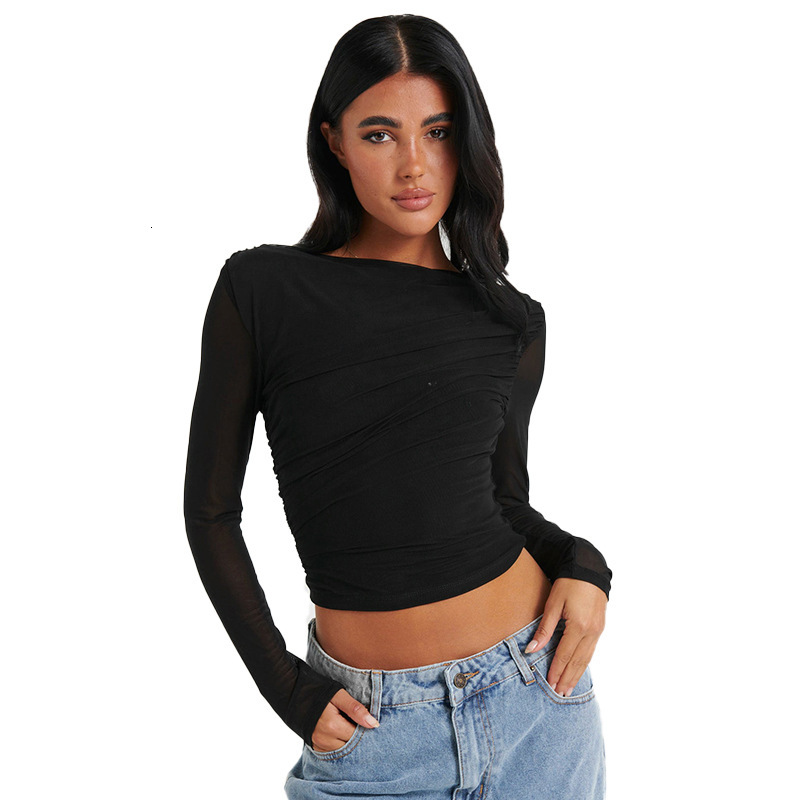 2025S Fashion Designer Y TP Women S Round Neck Solid Color Mesh Pleated Splicing Perspective Short Crop Top T Shirt With Exposed Navel