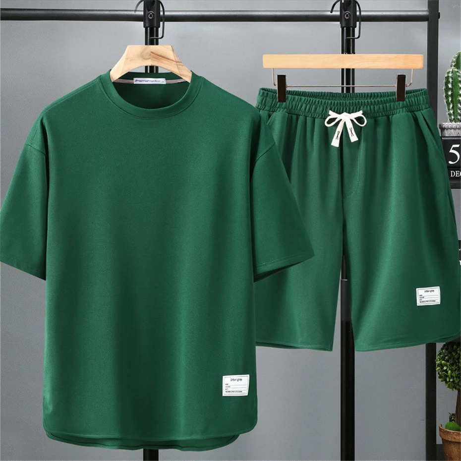 Summer sportswear mens plus size 10XL summer solid color set fashionable casual T-shirt shorts mens plus size 10XL 250324