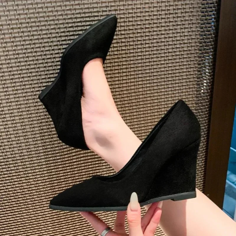 Pointed Toe Women Wedges Shoes Suede Elegant High Heels Shoes Woman Trend Dress Party Fad Walking Pumps Mujer Zapatos 250325