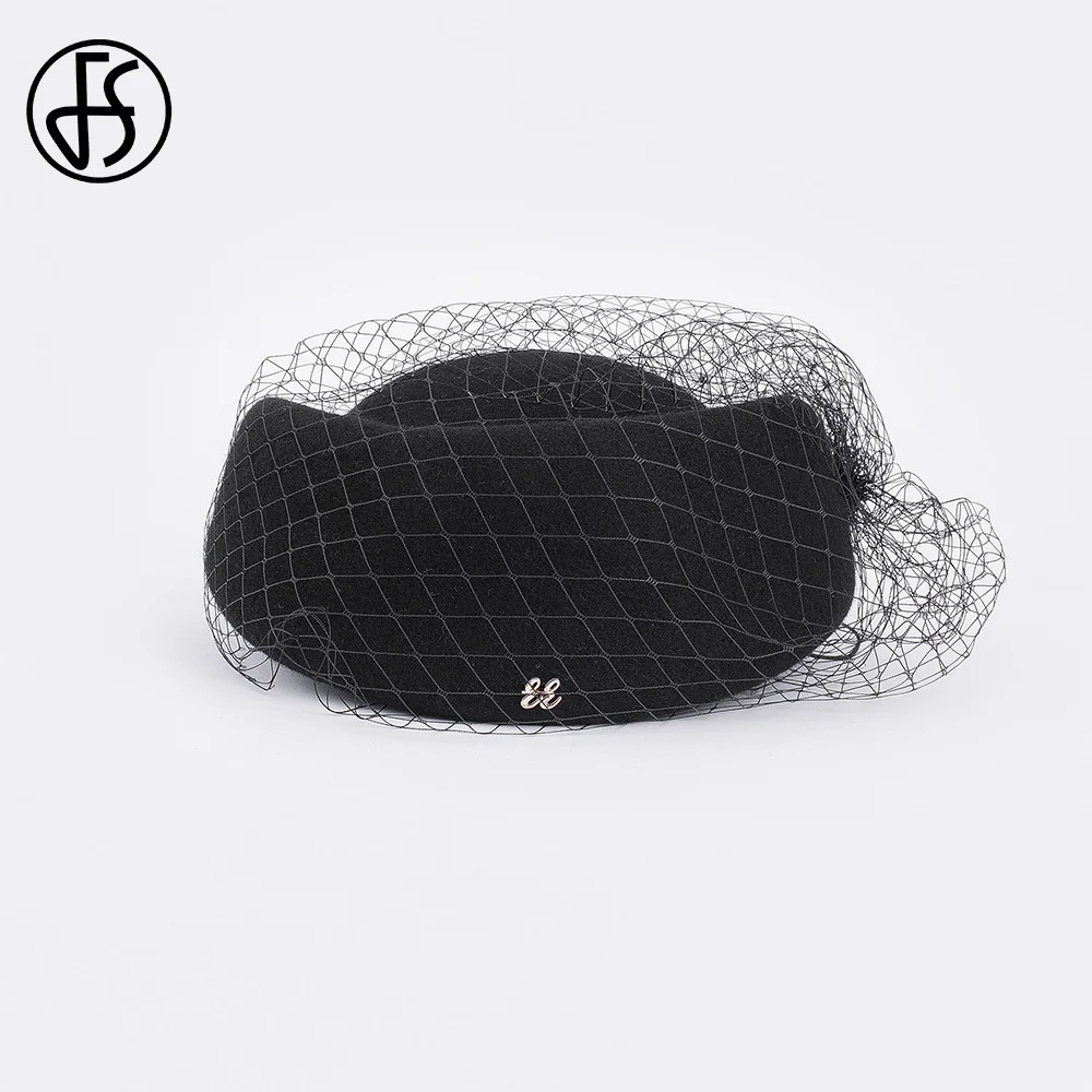 FS Aries Hairy Felt Beret British Womens Wedding Hat Church Fedoras Hat with Veil Black Womens Charm Hat 250322