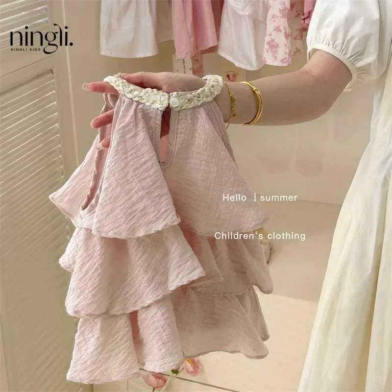 Girls casual dress summer new childrens clothing sweet vest baby cake 2024 round neck fashionable soil sweet pink W250326