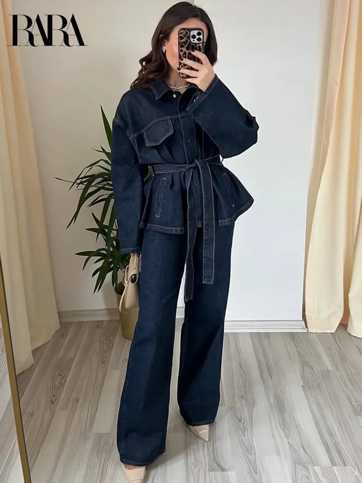 RARA 2025 Women's Long Sleeve Denim Belted Jacket Paired with Matching Wide Leg Pants Fashion Set for Stylish Look 250325