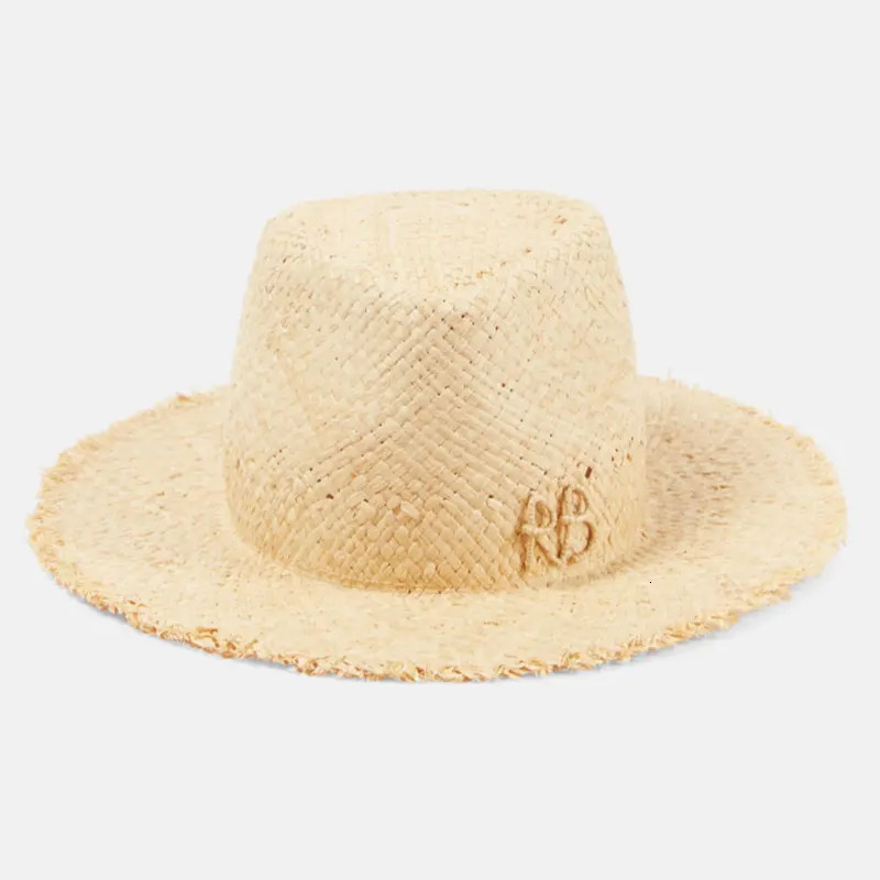 2025 Summer Raffia Straw Hat Beach Womens Seaside Panama Sun Hat Vacation Chain Pearl Flat Top Big Brim Straw Hat Handmade Caps 250325