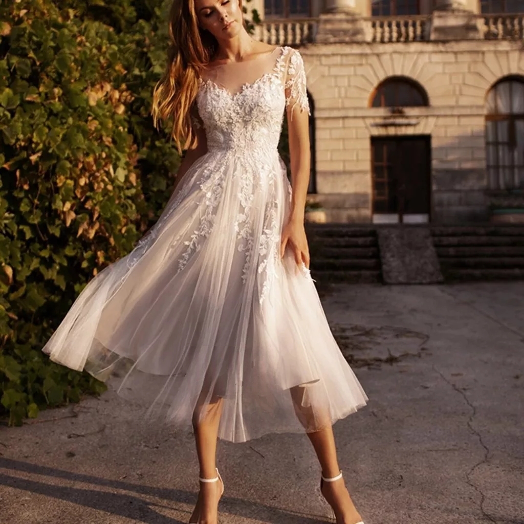Tea Length Boho Wedding Dress Lace Appliques Short Sleeves A-Line Bridal Gown 2025 Beach Vestido De Novia