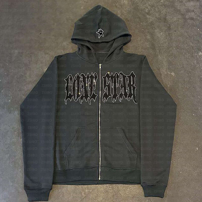 Hip Hop Gothic Style Cardigan Hooded Y2k Harajuku Hot Stamping Diamond Personalized Letter Printed Sweatshirt